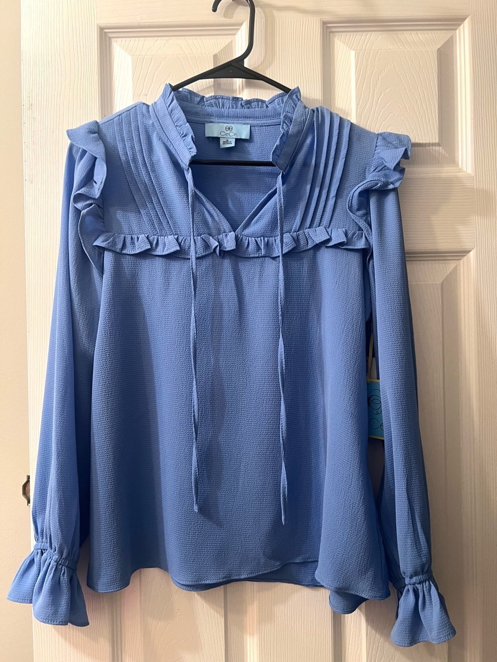 CeCe Sky Blue Ruffle Tie-Neck Blouse